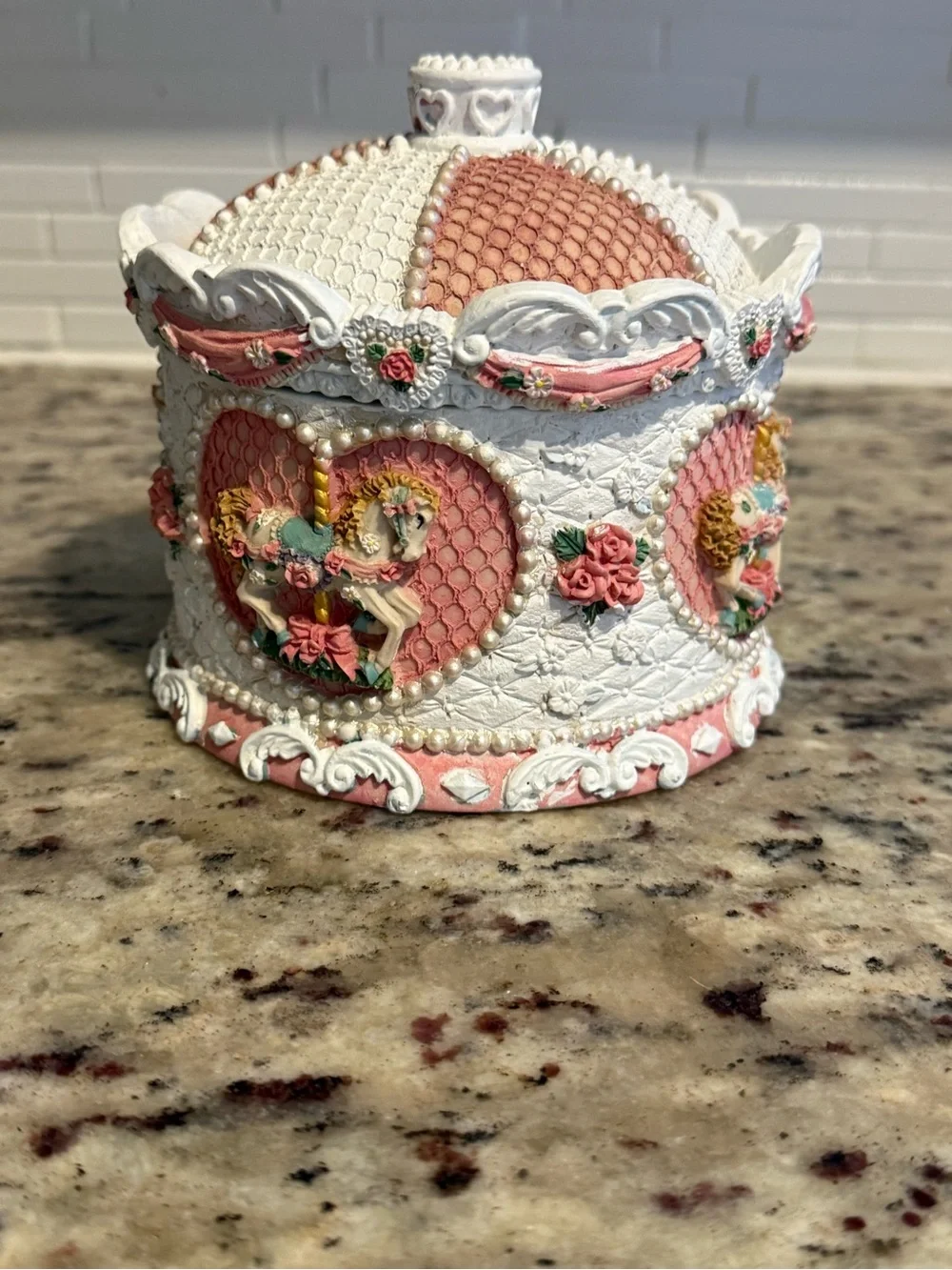 Vintage Ornate Pink & White Carousel jewelery Box - Decorative Home Art